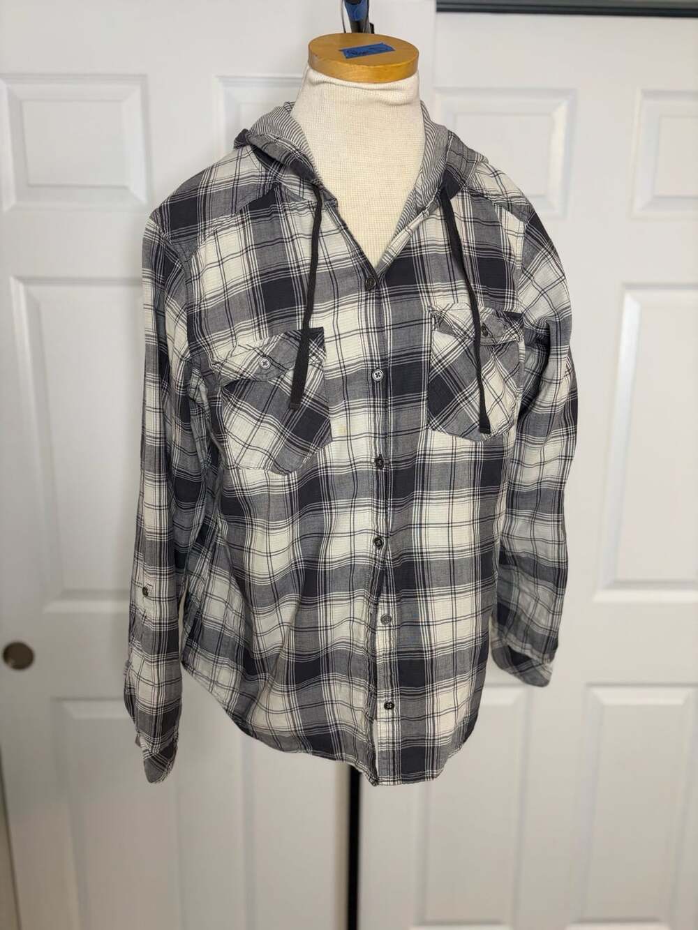 065-Columbia Sportswear Company Plaid Hooded Flannel Shirt Size L Gray White